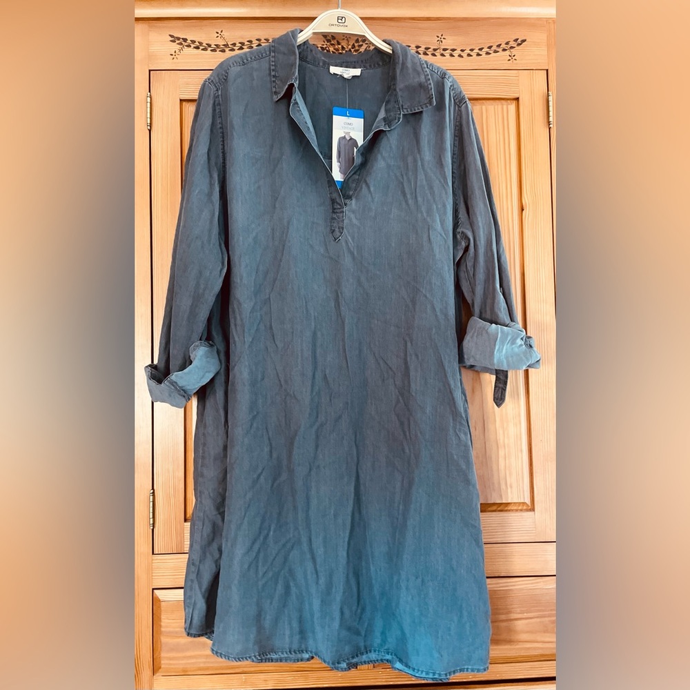 Women’s New COMO Vintage faded chambray shirtdress shirt dress casual daywear L